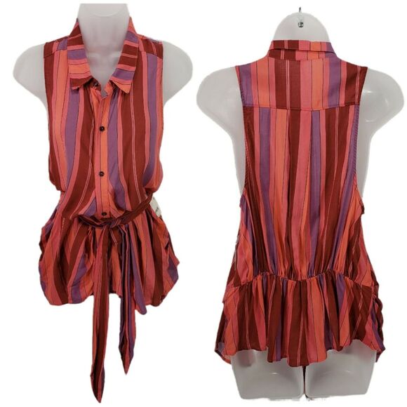 Free People Mackenzie XS Sleeveless Tie Wrap Top Women Striped Red Orange Purple - Picture 1 of 7